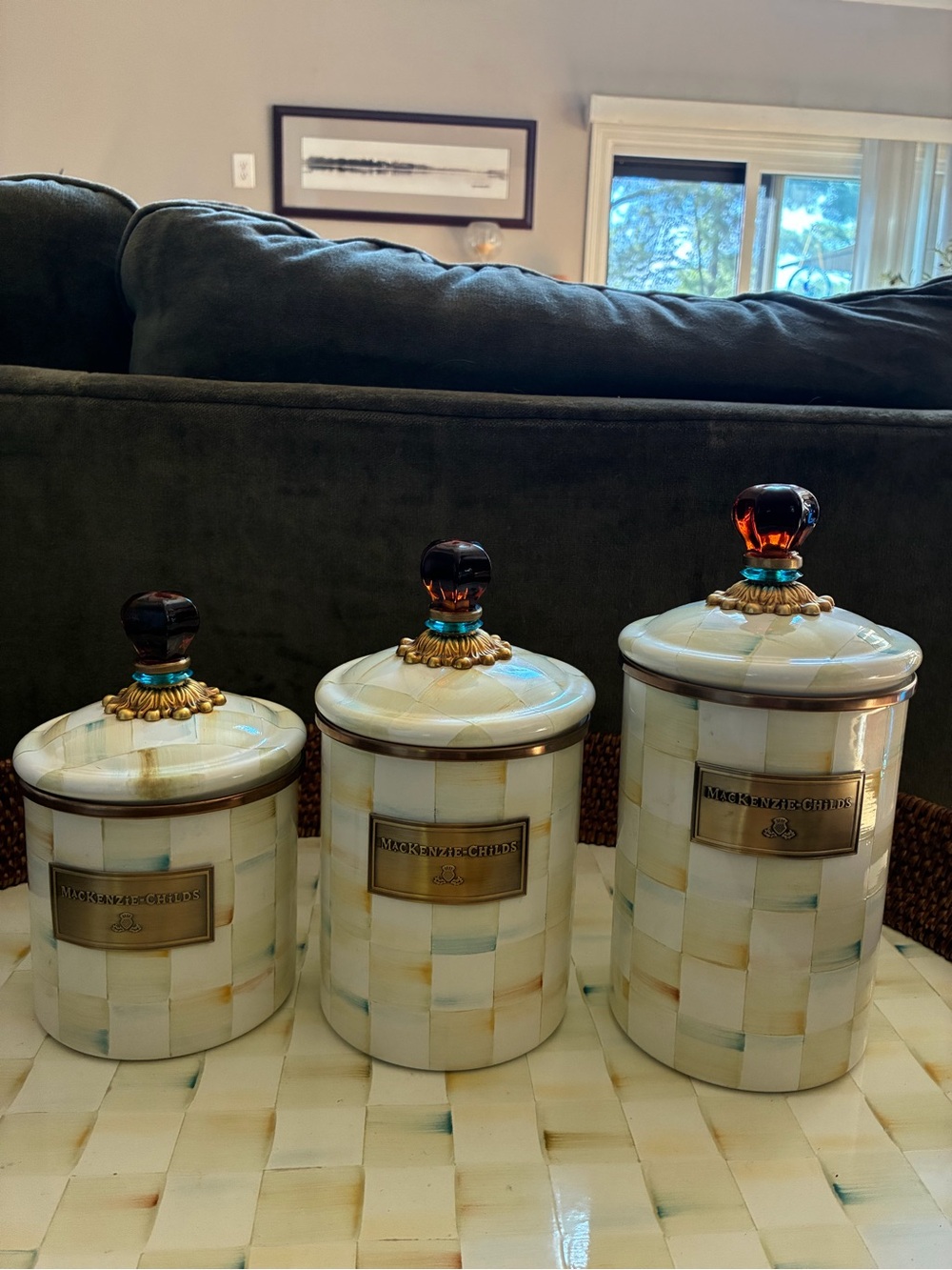 Original Mackenzie-Childs Parchment Check Canister Set with Amber Knobs 3 Piece